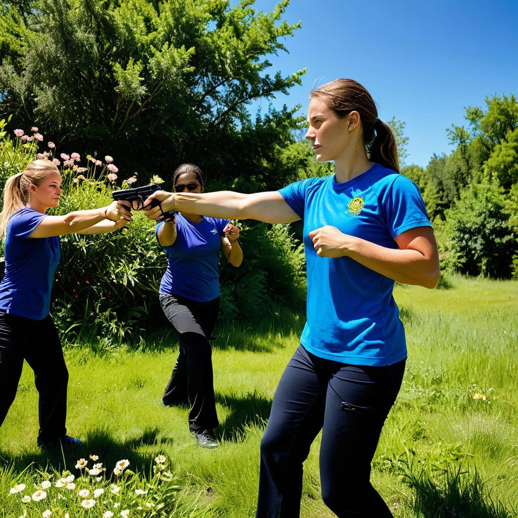 A confident person practicing self-defense techniques in a sunny outdoor setting surrounded by nature, highlighting a diverse group engaged in gun safety training. Emphasize empowerment through teamwork, showcasing various self-defense tools and summer adventure gear, with the sun shining brightly in a clear blue sky. Incorporate vibrant colors to evoke a sense of energy and safety. dynamic composition. vibrant colors. summer daylight.